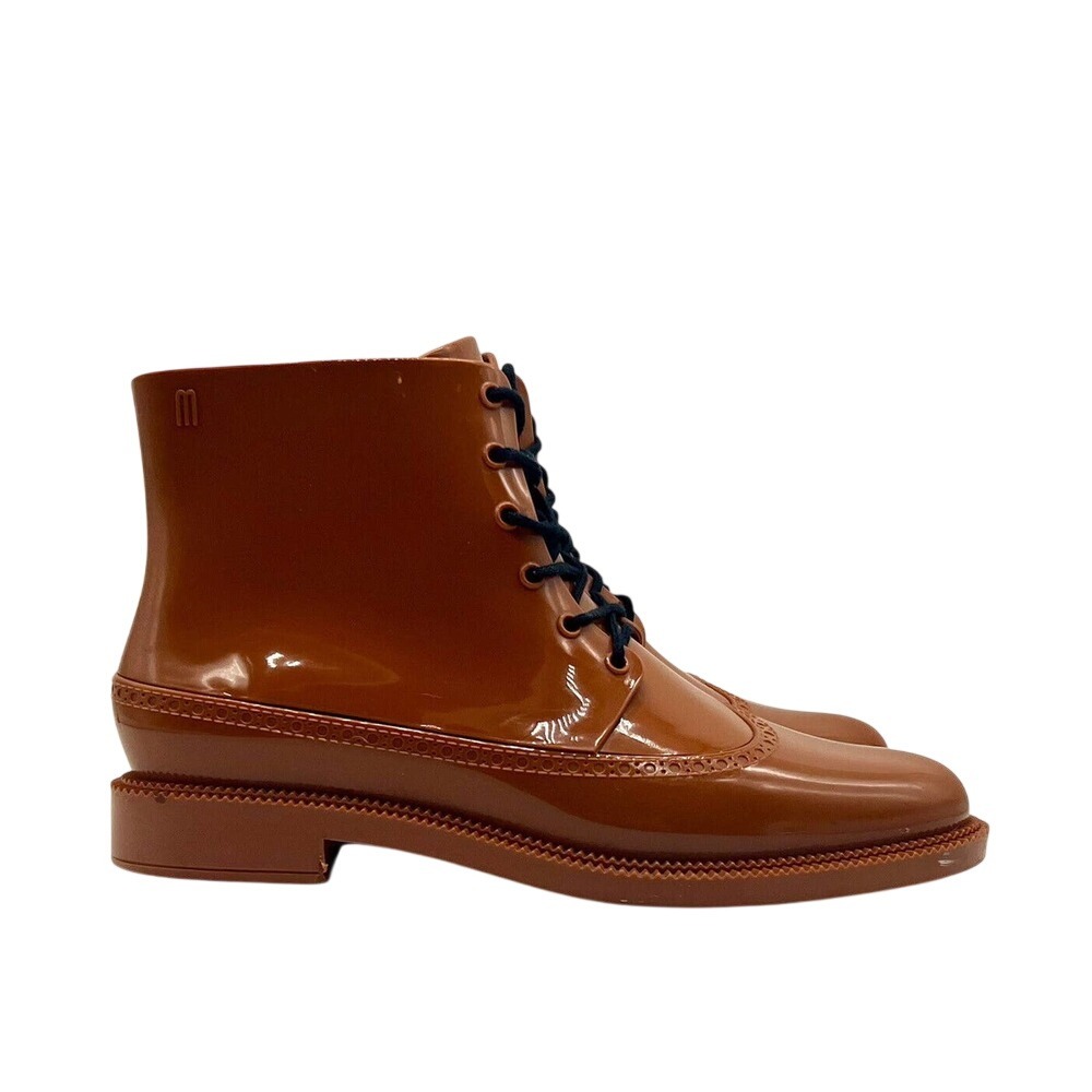 Melissa Soldier Cognac Brown PVC Lace Up Wingtip‎ Brogue Ankle Boots Womens 6